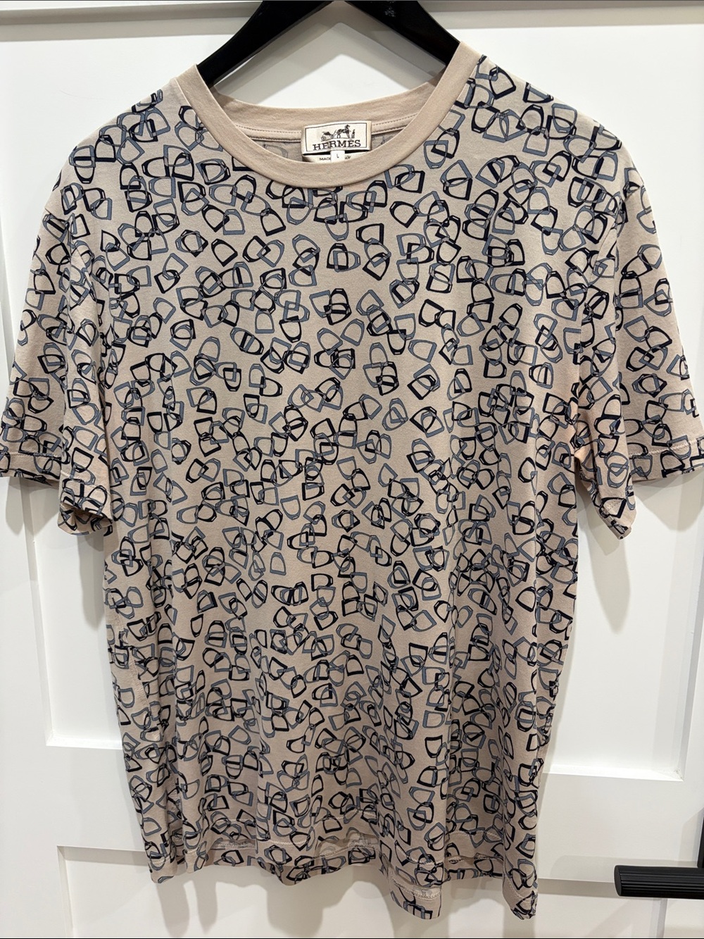 Hermes Beige Short Sleeve Tee with Navy Graphic Print